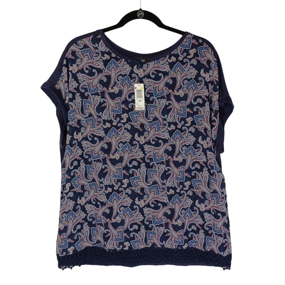 ATTENTION Navy Blue Colorful Paisley Print Semi Sheer Front Short Sleeve Top NWT